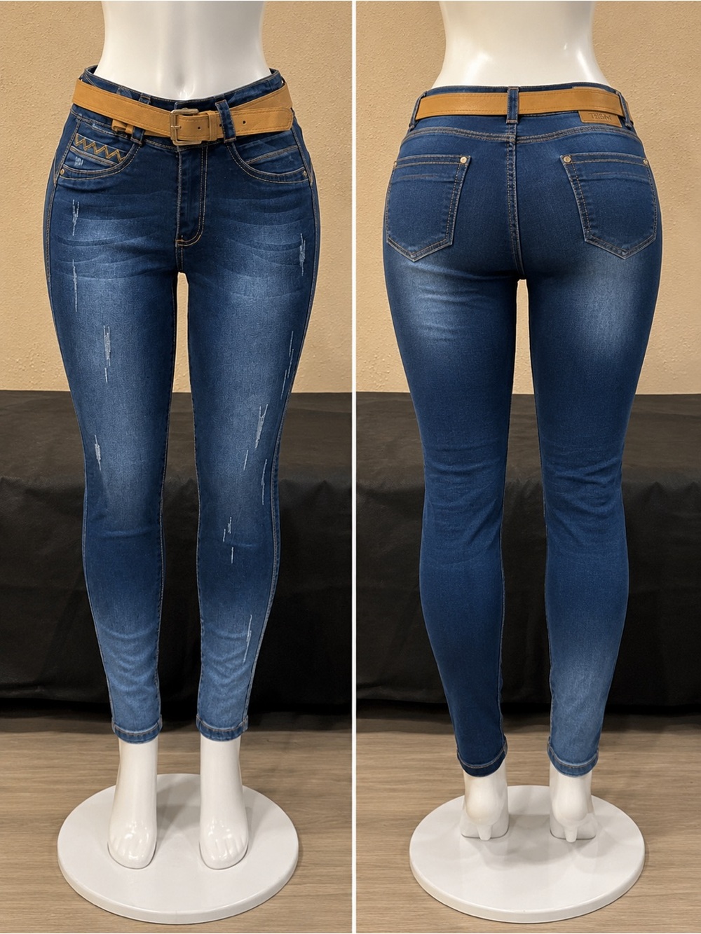 Women’s Medium Wash Skinny Jeans with Tan Belt